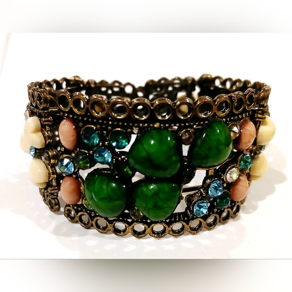 Coppertoned Metal Green and Blue Gemstone Hinged Cuff Bracelet - Picture 1 of 6